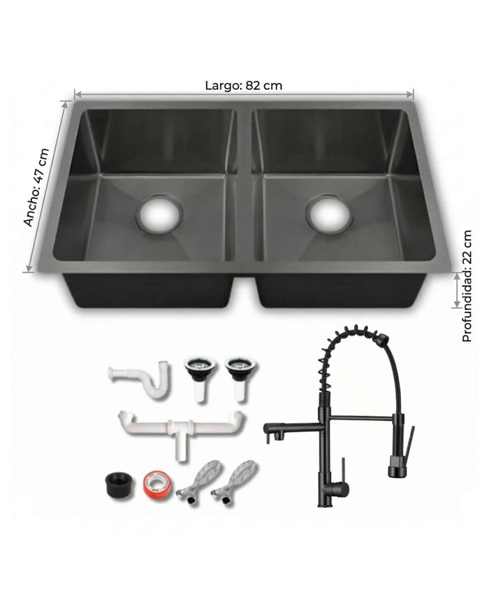 Fregadero Tarja para Cocina Doble Tina Submontar de Acero Inoxidable Negro 82x47 cm Calibre 18 con Mezcladora 360° | KADINOX - KADINOX
