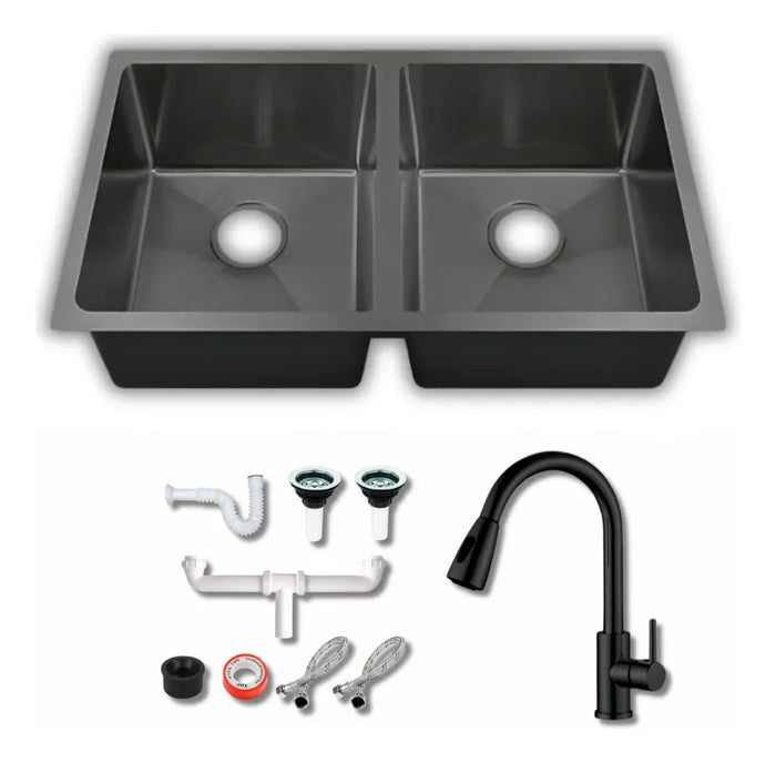 Fregadero Tarja para Cocina Doble Tina Submontar de Acero Inoxidable Negro 82x47 cm con Kit y Mezcladora Negra | KADINOX - KADINOX