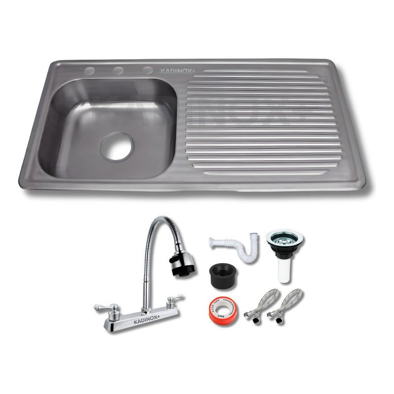 Fregadero Tarja para Cocina Empotrable con Escurridor de Platos de Acero Inoxidable 100x50 cm con Kit y Mezcladora Flexible | KADINOX - KADINOX