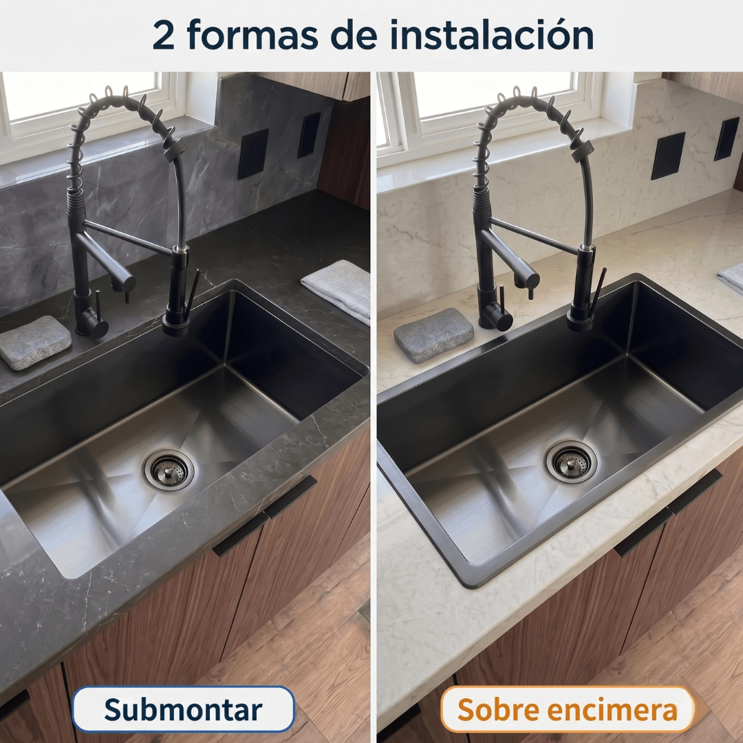 Fregadero Tarja para Cocina Una Tina Submontar de Acero Inoxidable Negro 80x45 cm con Kit y Mezcladora 360° | KADINOX - KADINOX