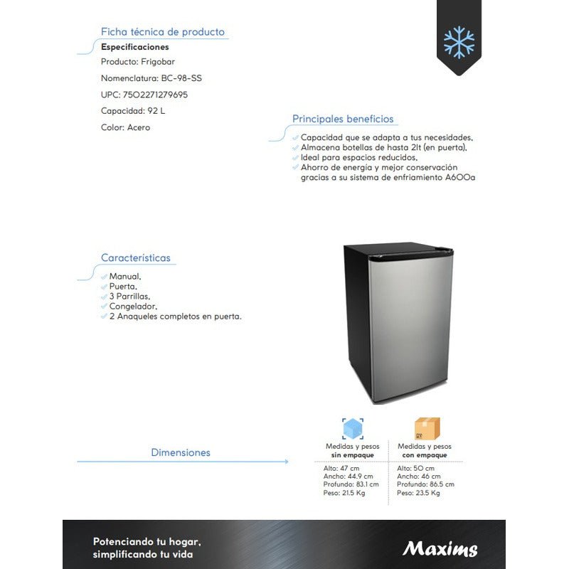 Frigobar Acero Inoxidable 92 Litros | KADINOX - KADINOX