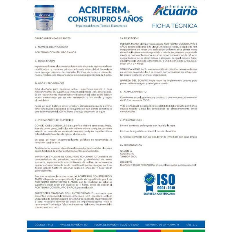 Impermeabilizante para Techo Acuario Fibratado 5 Años 19 Litros | KADINOX - KADINOX
