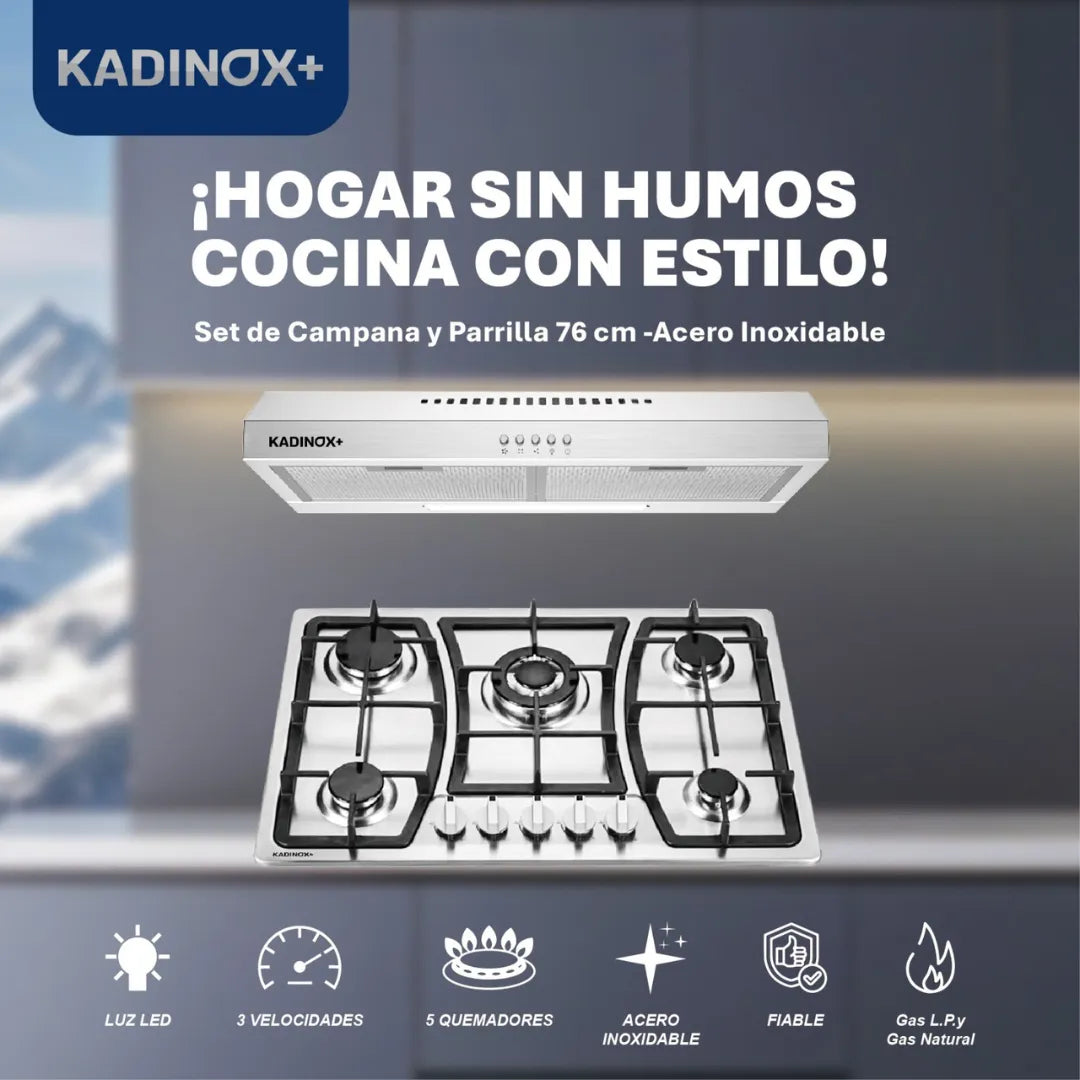 Combo Parrilla a Gas de 5 Quemadores + Campana Extractora de Acero Inoxidable