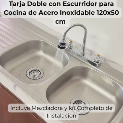 Tarja Doble con Escurridor para Cocina de Acero Inoxidable 120x50 cm con Kit y Mezcaldora Flexibe| KADINOX