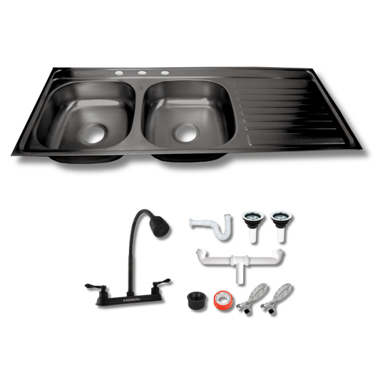 Tarja de Empotrar Doble Tina 120x50 cm Color Negro Oxford Calibre 22 con Escurridor, Mezcladora Flexible y Kit de Instalación | KADINOX - KADINOX