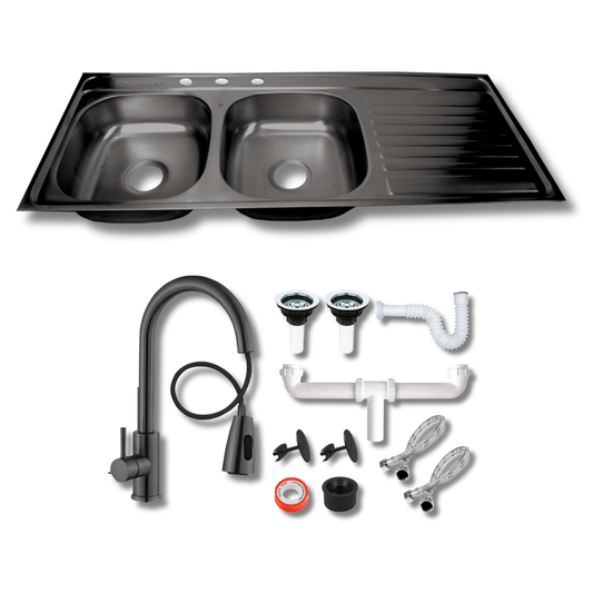 Tarja de Empotrar Doble Tina 120x50 cm Color Negro Oxford Calibre 22 con Escurridor, Mezcladora Premium Negra y Kit de Instalación | KADINOX - KADINOX