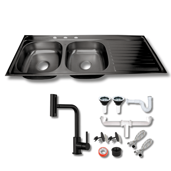 de Empotrar Doble Tina 120x50 cm Calibre 22 con Escurridor, Mezcladora Profesional 4 Funciones y Kit de Instalación