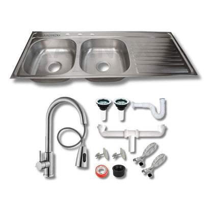 Tarja doble con escurridor para cocina de Acero Inoxidable 120x50 cm con Escurridor con Kit y Mezcaldora Premium | KADINOX - KADINOX