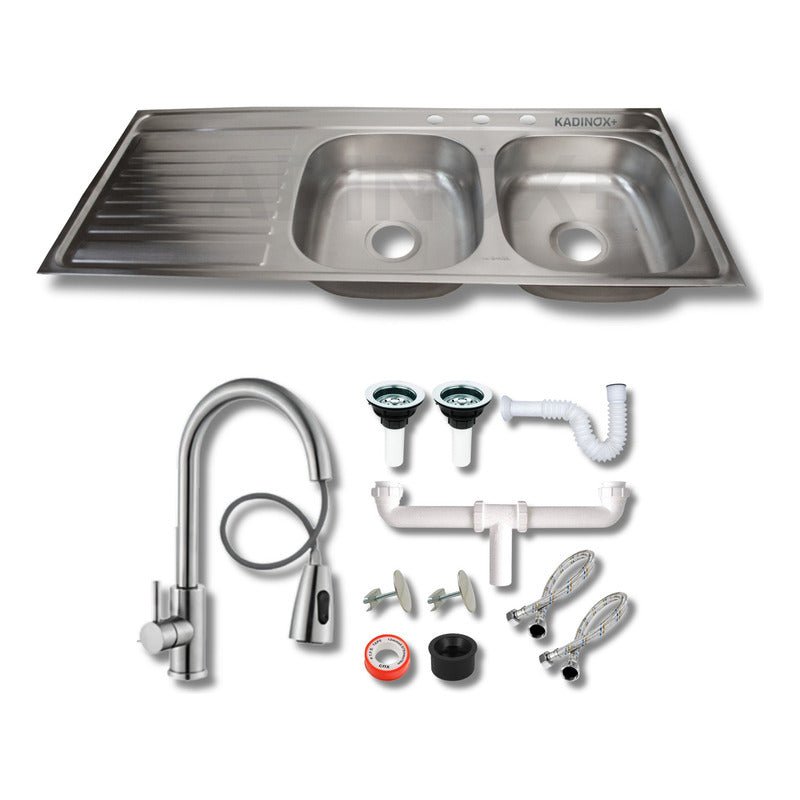 Tarja doble con escurridor para cocina de Acero Inoxidable 120x50 cm con Escurridor con Kit y Mezcaldora Premium | KADINOX - KADINOX