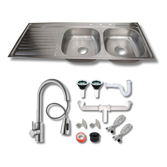 Tarja doble con escurridor para cocina de Acero Inoxidable 120x50 cm con Escurridor con Kit y Mezcaldora Premium | KADINOX - KADINOX