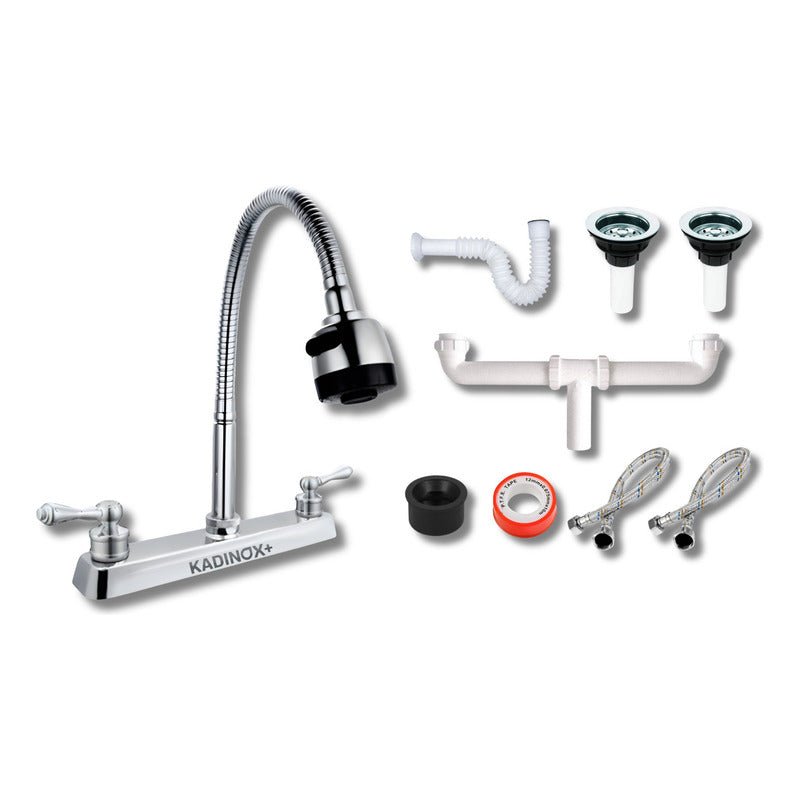 Tarja Doble con Escurridor para Cocina de Acero Inoxidable 120x50 cm con Kit y Mezcaldora Flexibe| KADINOX - KADINOX