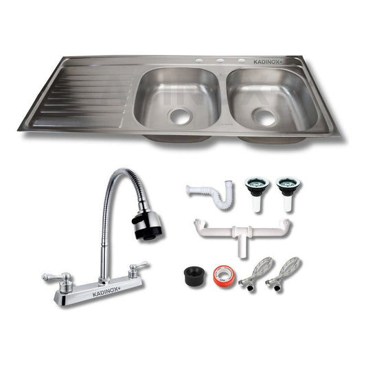 Tarja Doble con Escurridor para Cocina de Acero Inoxidable 120x50 cm con Kit y Mezcaldora Flexibe| KADINOX - KADINOX