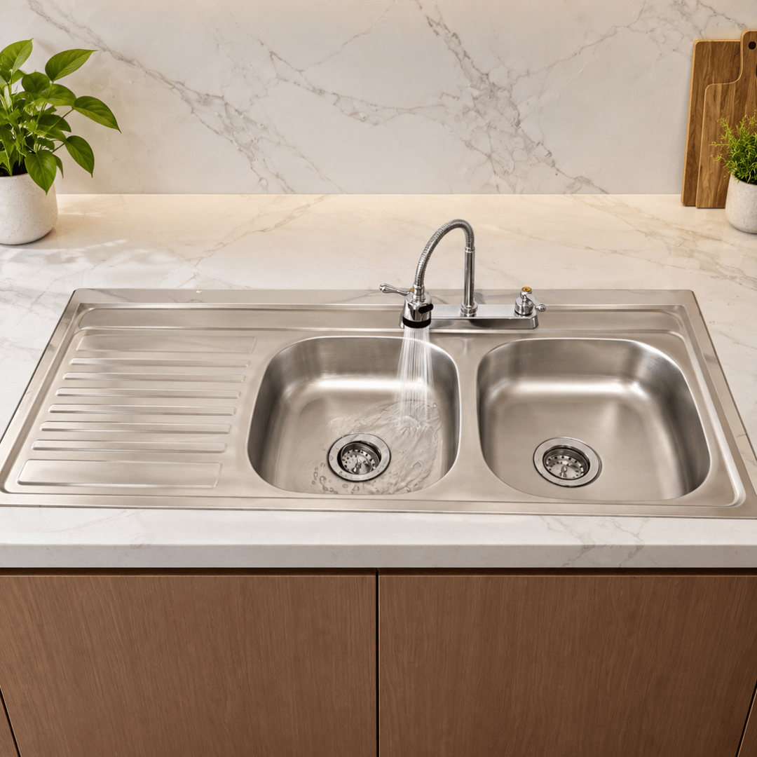 Tarja Doble con Escurridor para Cocina de Acero Inoxidable 120x50 cm con Kit y Mezcaldora Flexibe| KADINOX - KADINOX