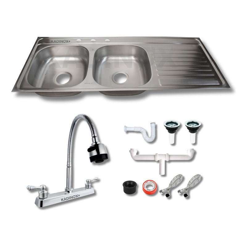 Tarja Doble con Escurridor para Cocina de Acero Inoxidable 120x50 cm con Kit y Mezcaldora Flexibe| KADINOX - KADINOX