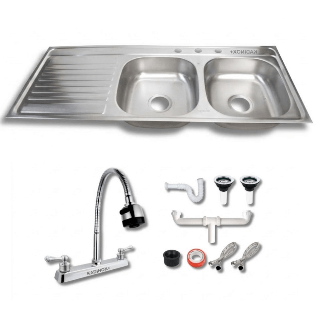 Tarja Doble con Escurridor para Cocina de Acero Inoxidable 120x50 cm con Kit y Mezcaldora Flexibe| KADINOX - KADINOX