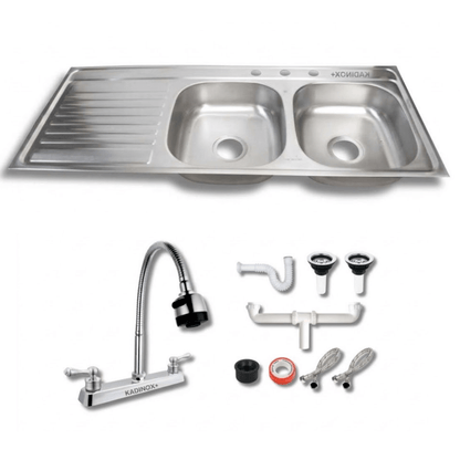 Tarja Doble con Escurridor para Cocina de Acero Inoxidable 120x50 cm con Kit y Mezcaldora Flexibe| KADINOX - KADINOX