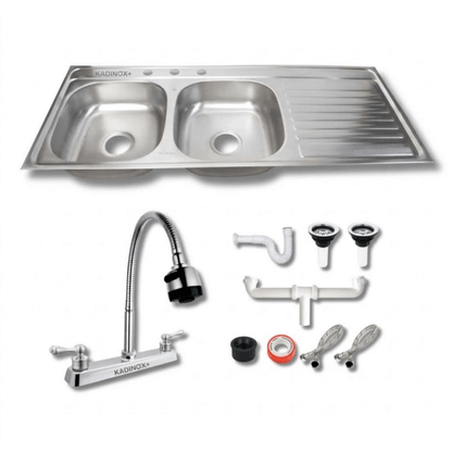 Tarja Doble con Escurridor para Cocina de Acero Inoxidable 120x50 cm con Kit y Mezcaldora Flexibe| KADINOX - KADINOX