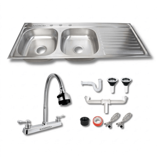 Tarja Doble con Escurridor para Cocina de Acero Inoxidable 120x50 cm con Kit y Mezcaldora Flexibe| KADINOX - KADINOX
