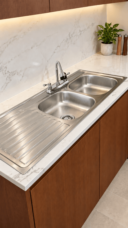Tarja Doble con Escurridor para Cocina de Acero Inoxidable 120x50 cm con Kit y Mezcaldora Flexibe| KADINOX - KADINOX