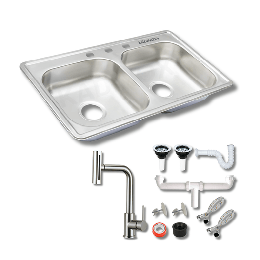 Tarja Doble Tina para Cocina 84x48 cm Acero Inoxidable Mezcladora 360° | KADINOX PRO - KADINOX