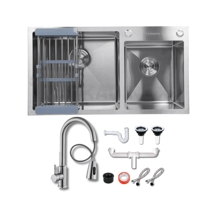 Tarja Doble Tina Submontar O EMPOTRAR 82x45 cm Acero Inoxidable con Mezcladora Premium, Escurridor y Kit de Instalación KADINOX - KADINOX