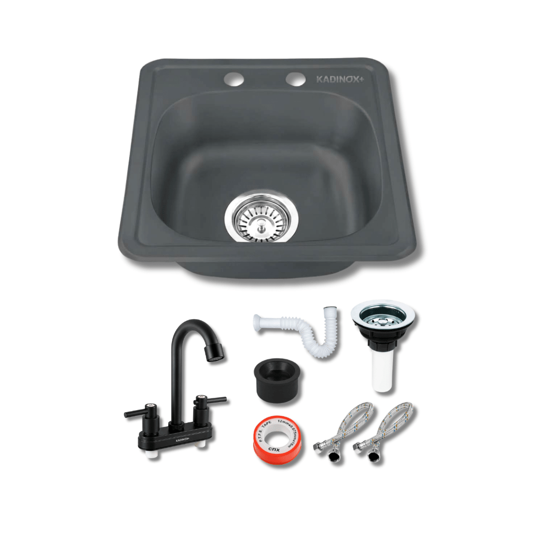 Tarja Fregadero Para Cocina De Acero Inoxidable Color Negro Oxford 38x38cm con Mezcladora Negra y Kit de Instalacion
