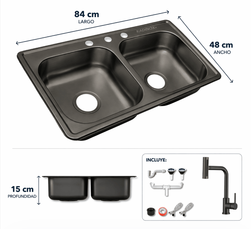 Tarja para Cocina Doble Tina Negra Acero Inoxidable 84 x 48 x 15 cm. con Kit y Mezcladora Giratoria Profesional 4 Funciones | KADINOX - KADINOX