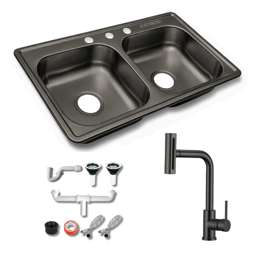 Tarja para Cocina Doble Tina Negra Acero Inoxidable 84 x 48 x 15 cm. con Kit y Mezcladora Giratoria Profesional 4 Funciones | KADINOX - KADINOX