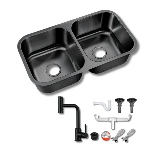 Tarja Submontar Doble Tina Negra para Cocina 82x47 cm Acero Inox Cal.18 Mezcladora 360° | KADINOX PRO - KADINOX