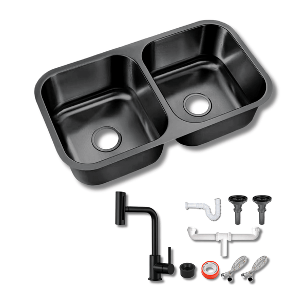 Submontar Doble Tina Negra para Cocina 82x47 cm Cal.18 Mezcladora 360°