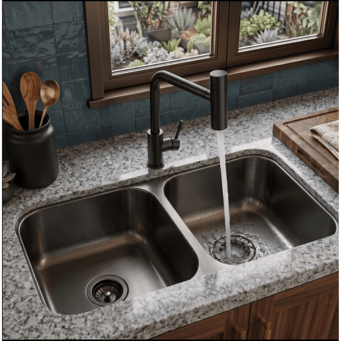 Tarja Submontar Doble Tina Negra para Cocina 82x47 cm Acero Inox Cal.18 Mezcladora 360° | KADINOX PRO - KADINOX