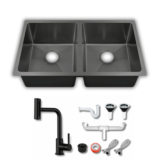 Tarja Submontar Doble Tina Negra para Cocina 82x47 cm Acero Inox Cal.18 Mezcladora 360° | KADINOX PRO - KADINOX