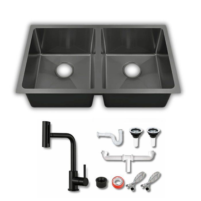 Tarja Submontar Doble Tina Negra para Cocina 82x47 cm Acero Inox Cal.18 Mezcladora 360° | KADINOX PRO - KADINOX