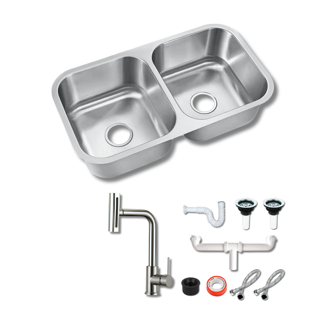 Tarja Submontar Doble Tina para Cocina 82x47 cm Acero Inox Cal.18 Mezcladora 360° | KADINOX PRO - KADINOX