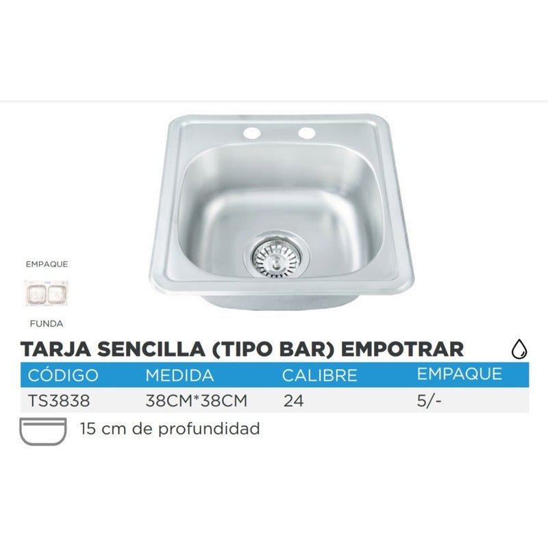 Tarja Tipo Bar para Cocina de Acero Inoxidable 38x38 cm | KADINOX - KADINOX