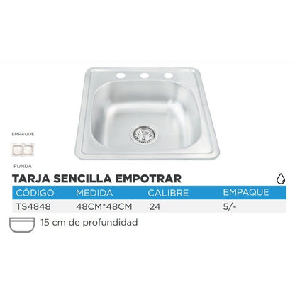 Tarja Tipo Bar para Cocina de Acero Inoxidable 48x48 cm con Kit | KADINOX - KADINOX