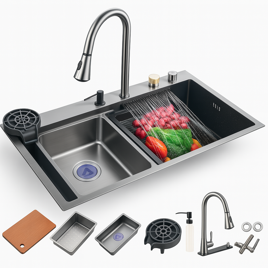 Fregadero Tarja de Cocina Multifuncional Acero Inoxidable 75×45 cm con Grifo Cascada de Lujo