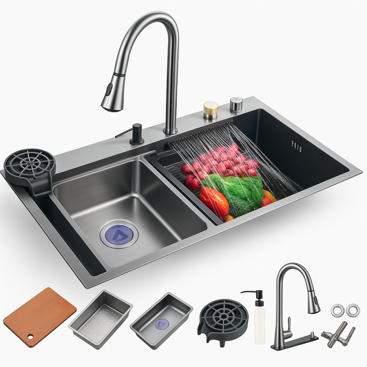 Fregadero Tarja de Cocina Multifuncional Acero Inoxidable 75×45 cm con Grifo Cascada de Lujo